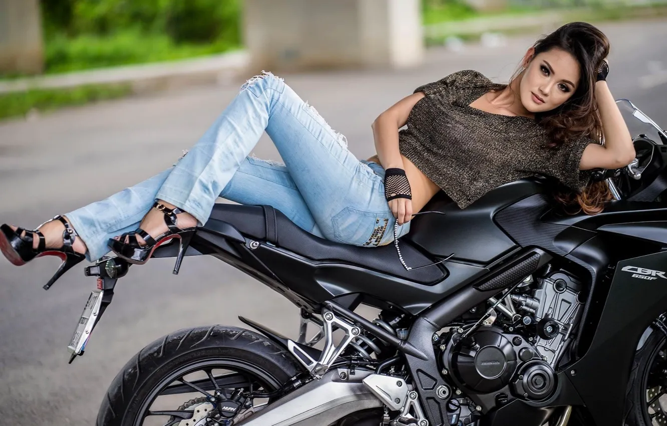 Photo wallpaper girl, motorcycle, jeans, brunette, cute