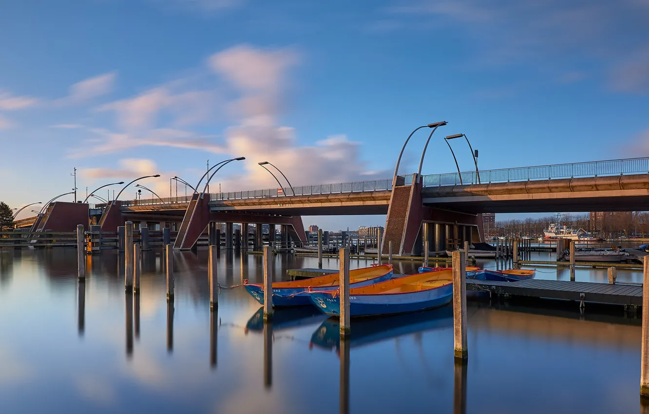 Photo wallpaper bridge, river, boat, Netherlands, Holland, Haarlem, Schoterbrug