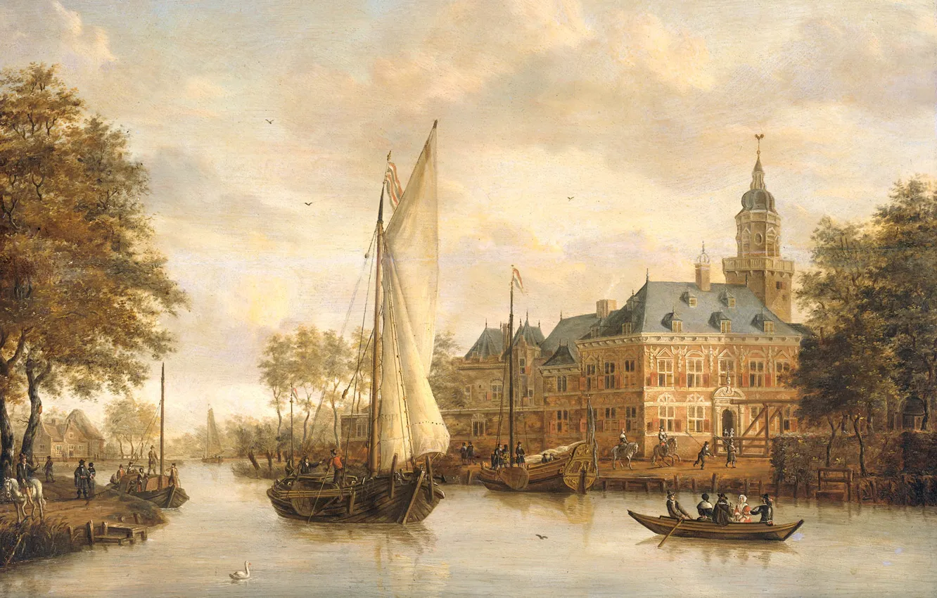 Photo wallpaper landscape, tree, boat, oil, picture, sail, Nyenrode castle on the River Vecht in Breukelen, Jacobus …