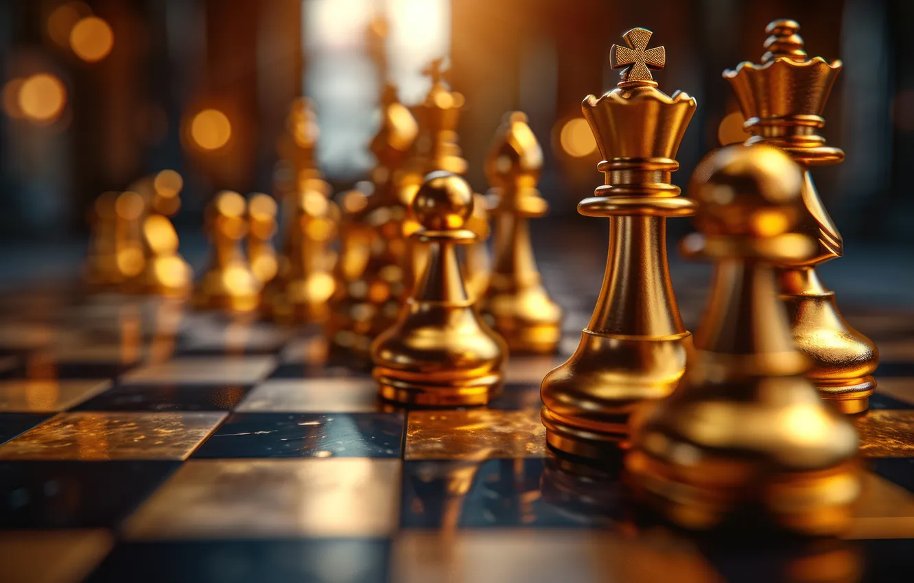 Photo wallpaper light, Shine, blur, chess, pawn, gold, gold plated, chess Board