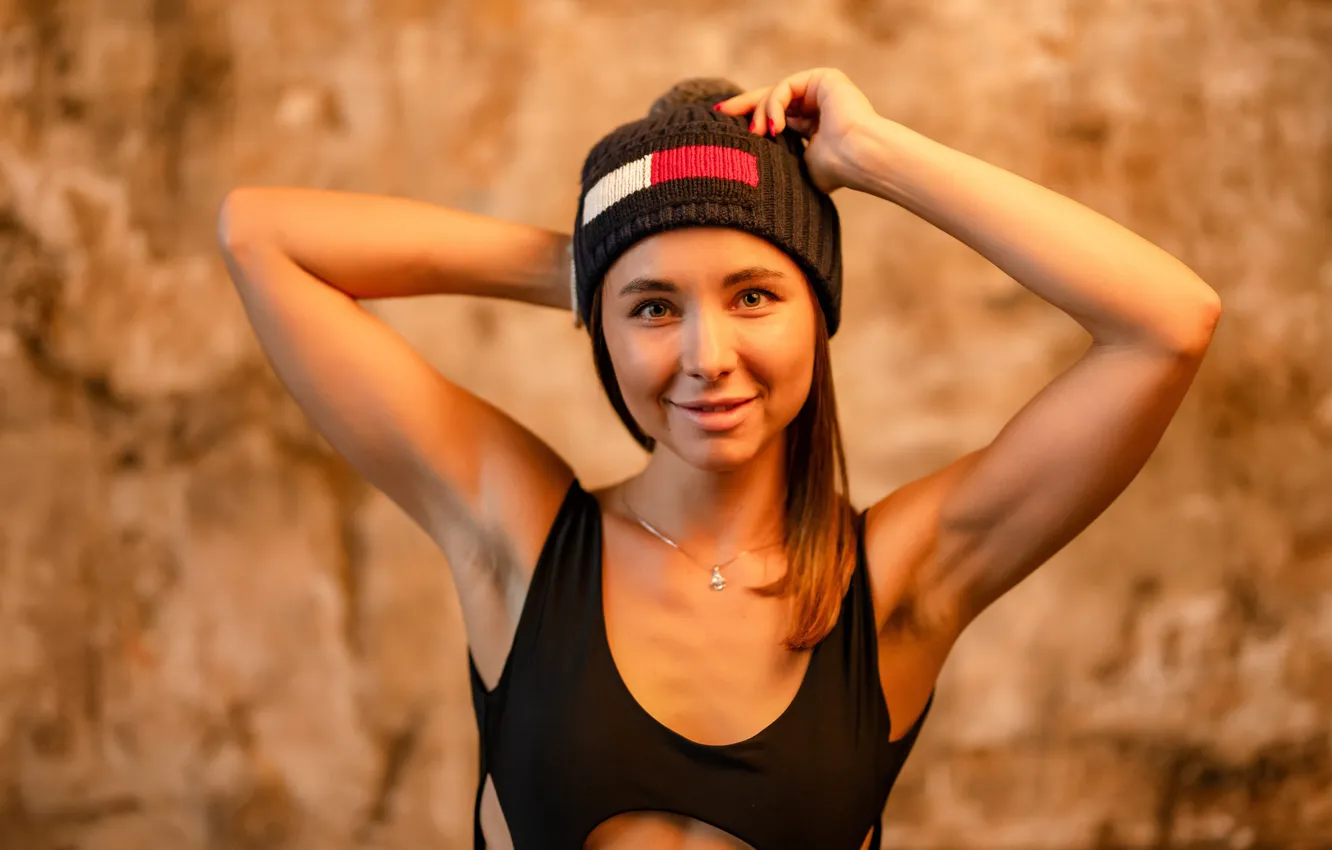 Photo wallpaper look, pose, smile, background, model, hat, portrait, makeup