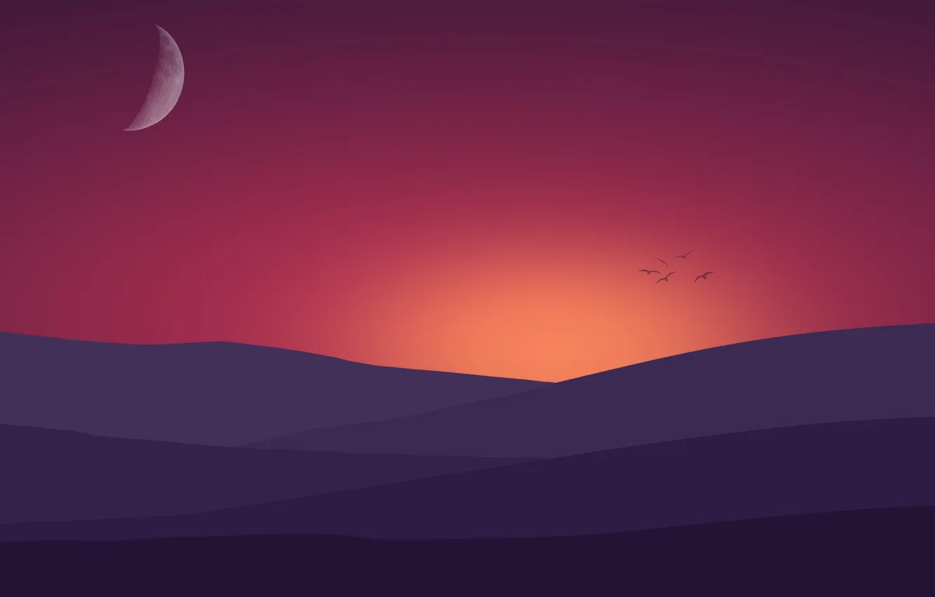 Photo wallpaper Sunset, Minimalism, The moon, Birds, Dawn, Hills