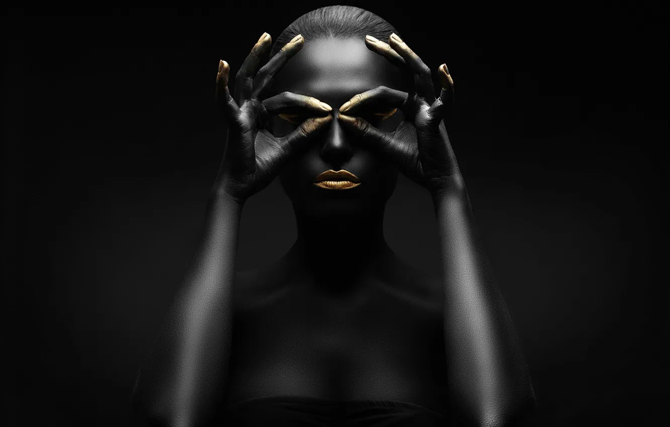 Photo wallpaper gold, black, figure, pose, makeup
