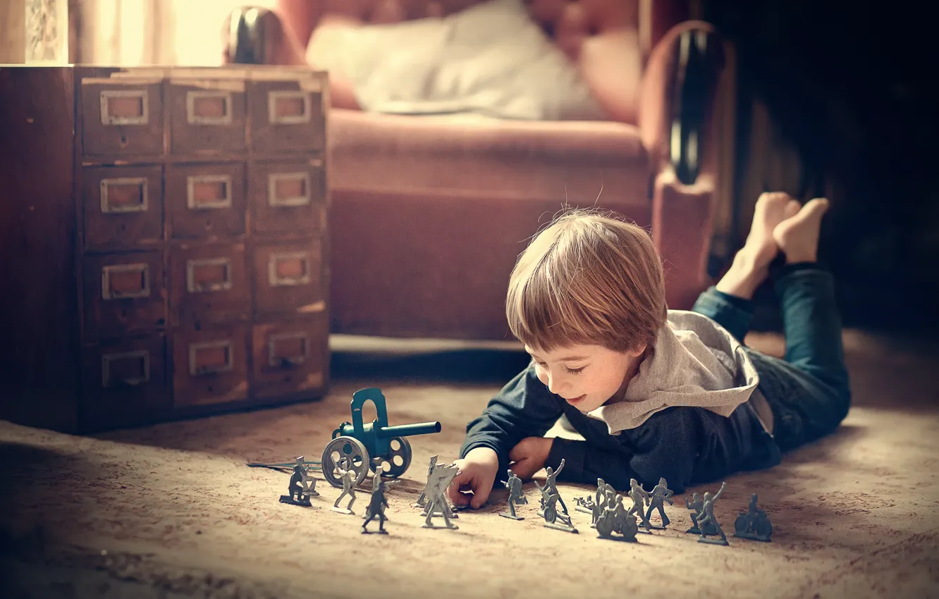 Photo wallpaper children, room, toy, the game, chair, boy, soldiers, Marianne Smolin