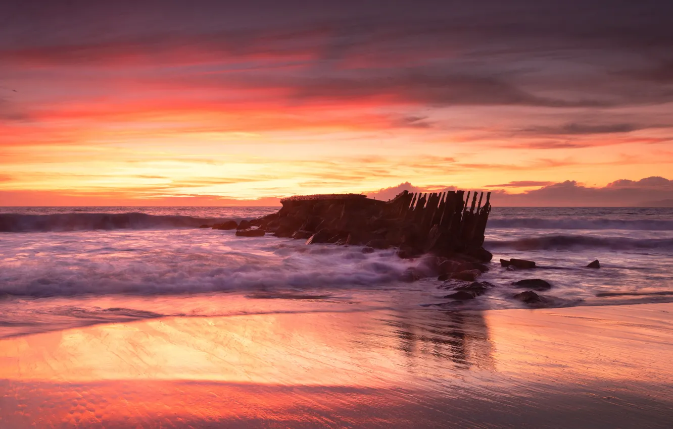 Photo wallpaper sea, wave, beach, the sky, clouds, sunset, stones, shore