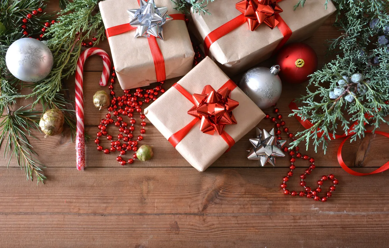 Photo wallpaper balls, decoration, branches, holiday, box, gift, toy, Board