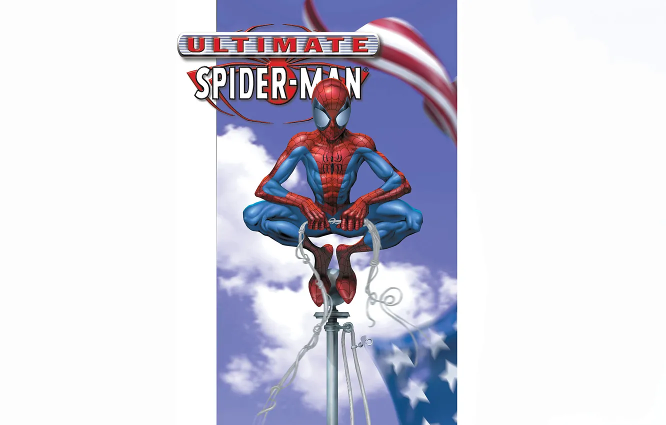 Photo wallpaper the sky, clouds, the wind, white background, American flag, comic, Marvel Comics, Spider-Man