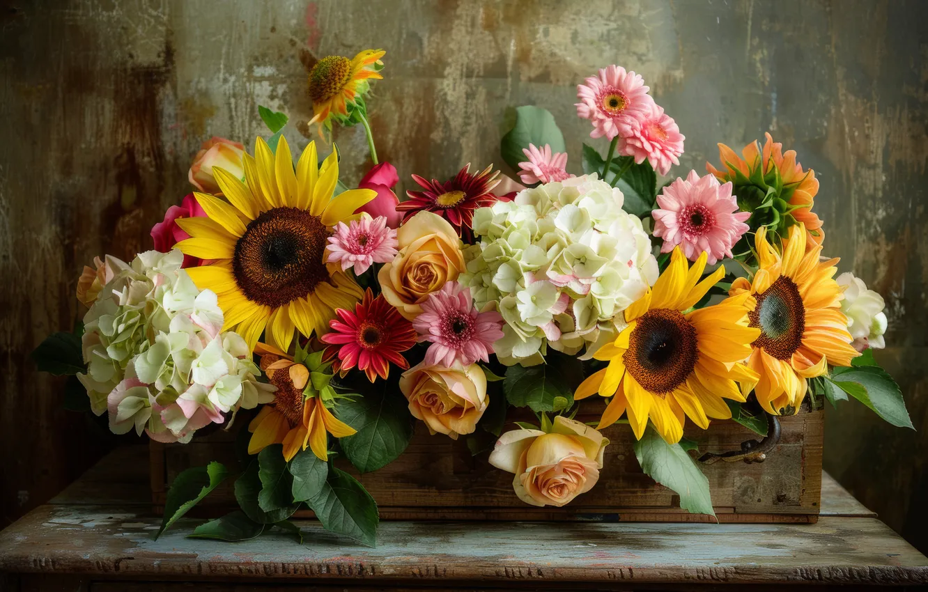 Photo wallpaper sunflowers, flowers, roses, bouquet, box, gerbera, different, hydrangea