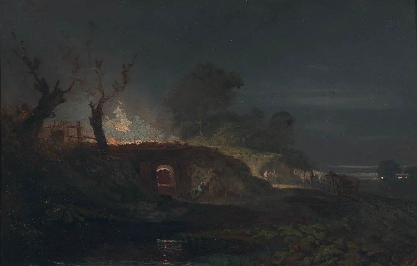 Photo wallpaper light, landscape, night, picture, William Turner, Limekiln at Coalbrookdale