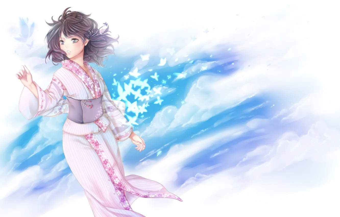 Photo wallpaper the sky, look, girl, flight, yukata, gesture, art, ymir the