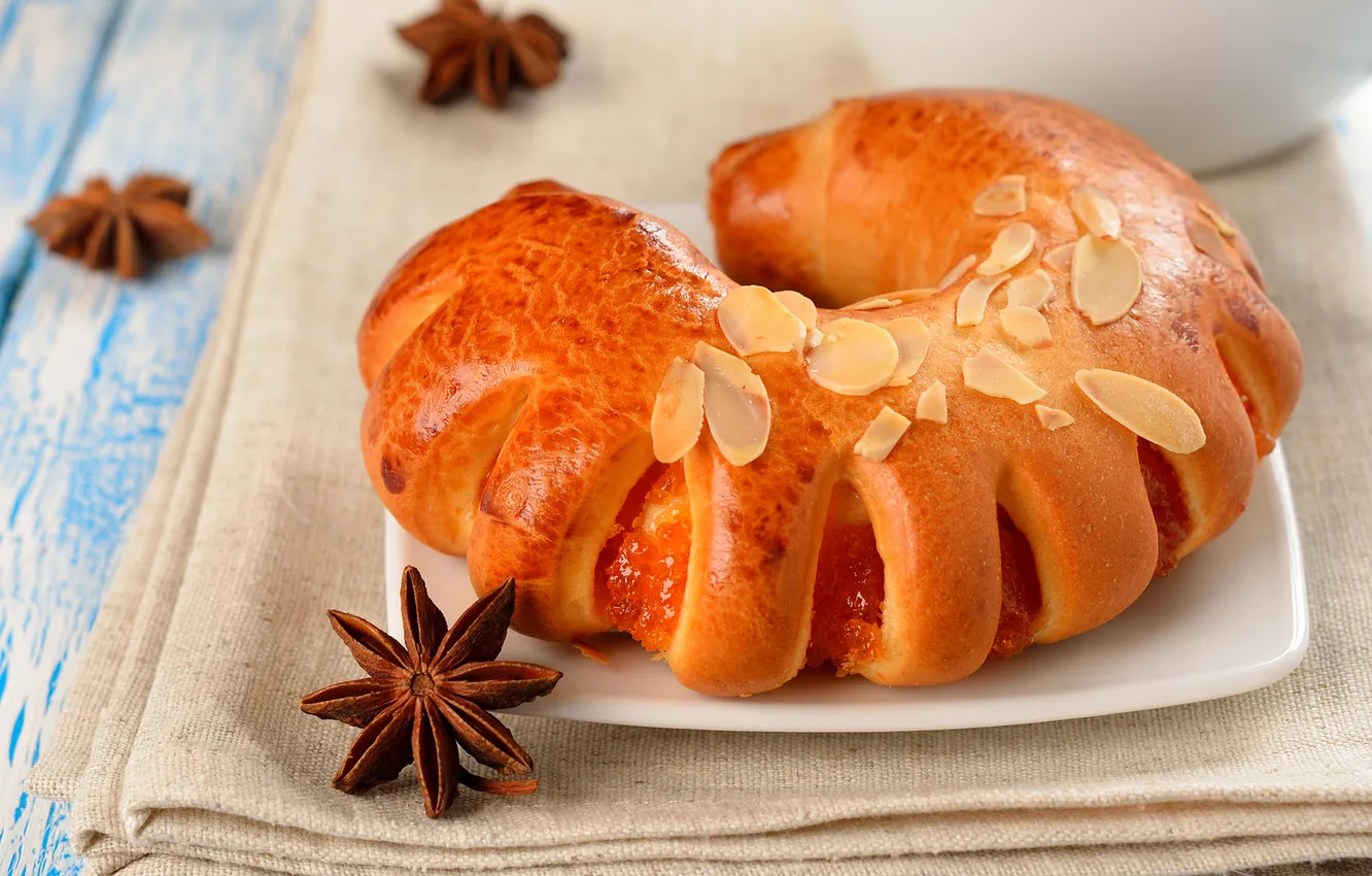 Photo wallpaper cinnamon, muffin, saucer, napkin, roll, buns, star anise, jam