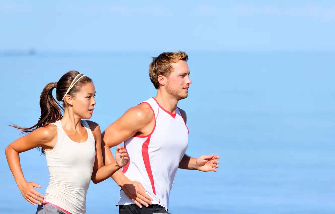 Photo wallpaper water, couple, jogging