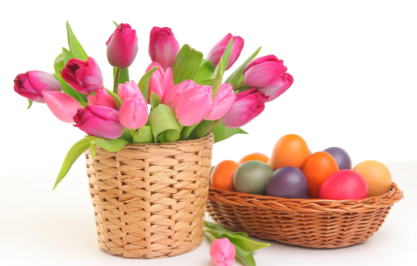 Photo wallpaper flowers, eggs, Easter, tulips