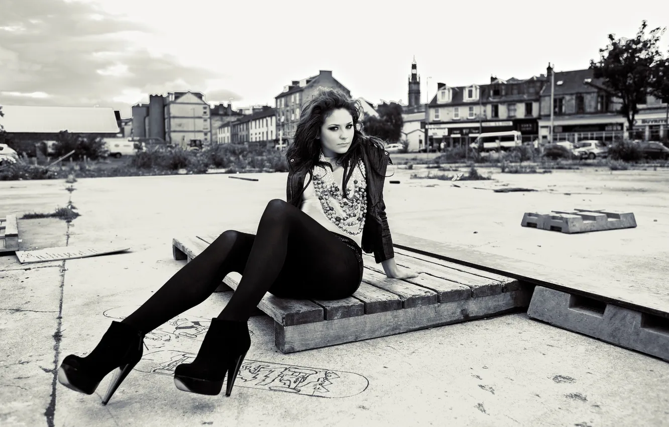 Photo wallpaper girl, the city, sitting, in pantyhose