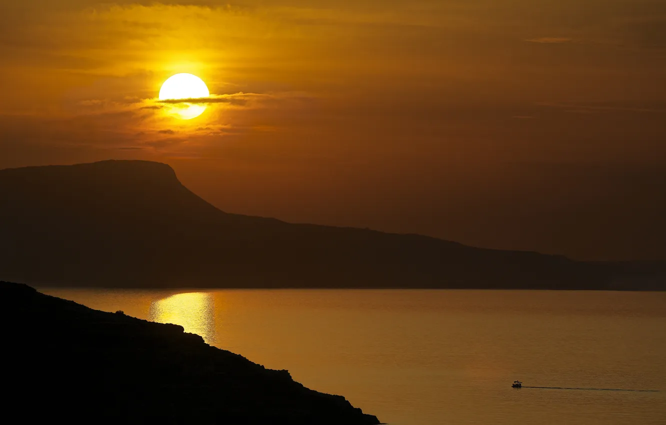 Photo wallpaper the sky, the sun, clouds, sunset, mountains, lake