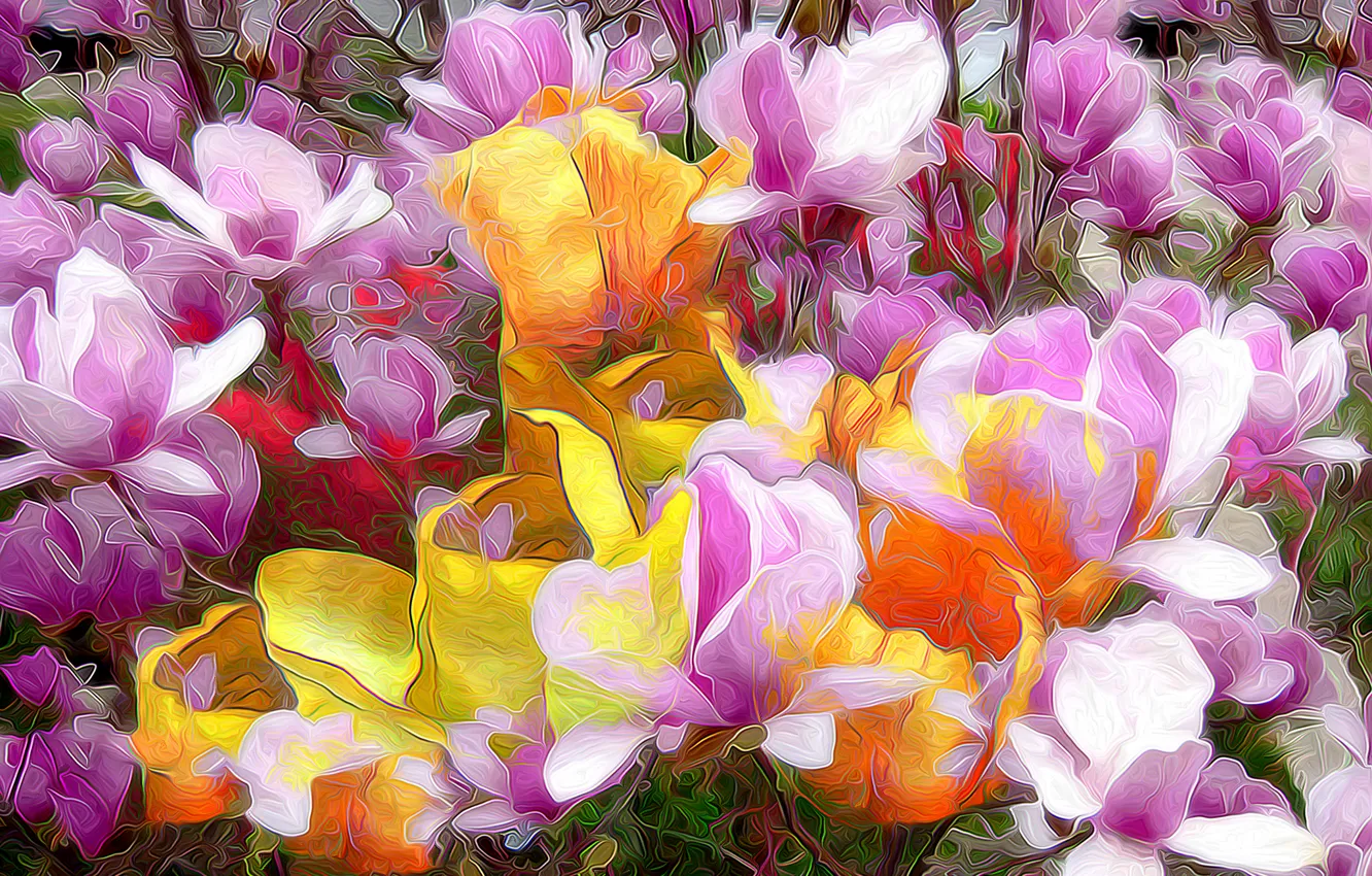 Photo wallpaper line, flowers, paint, petals, touch