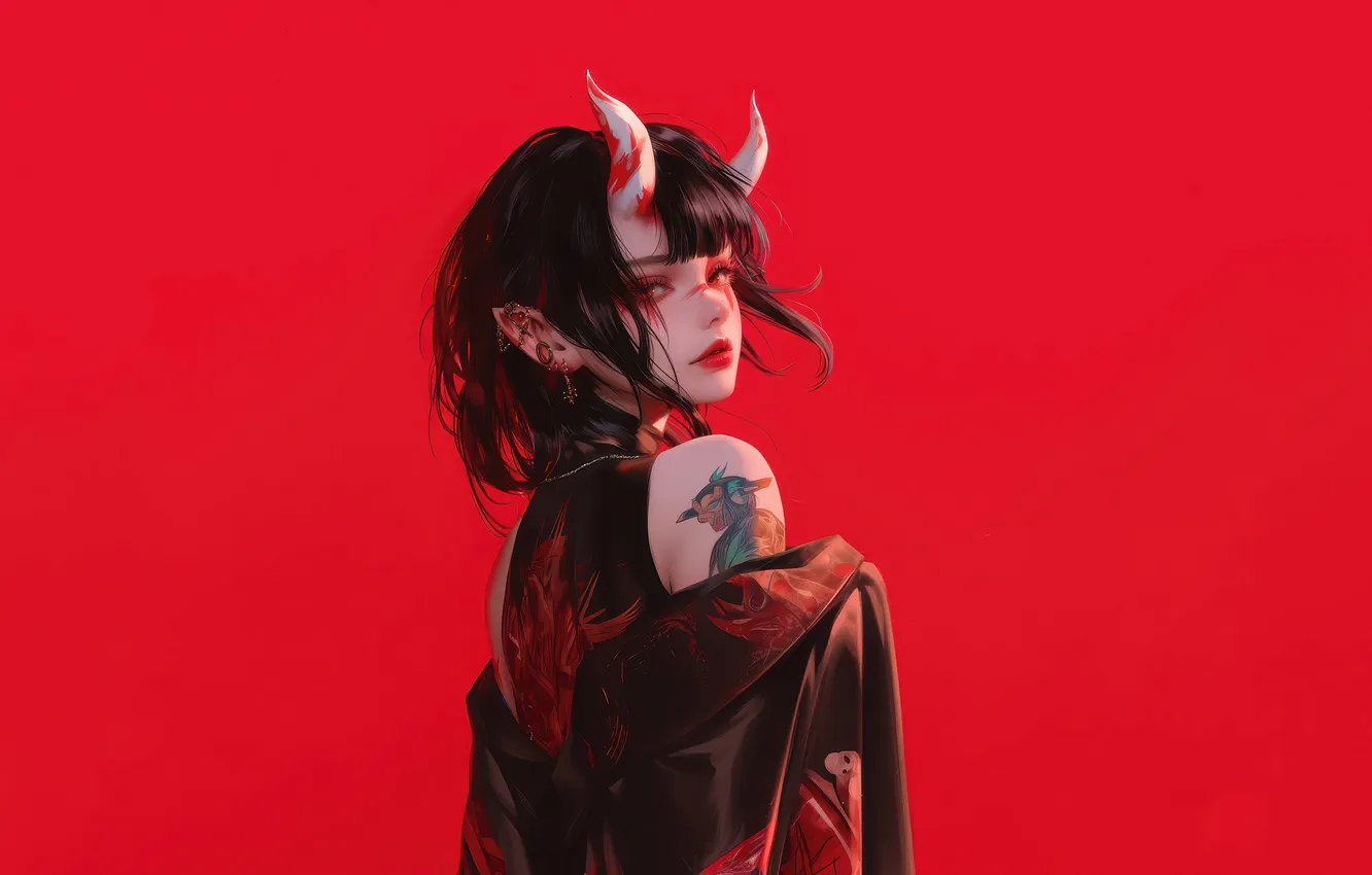 Photo wallpaper demon, girl, devil, anime, tattoo, kimono, red background, horn