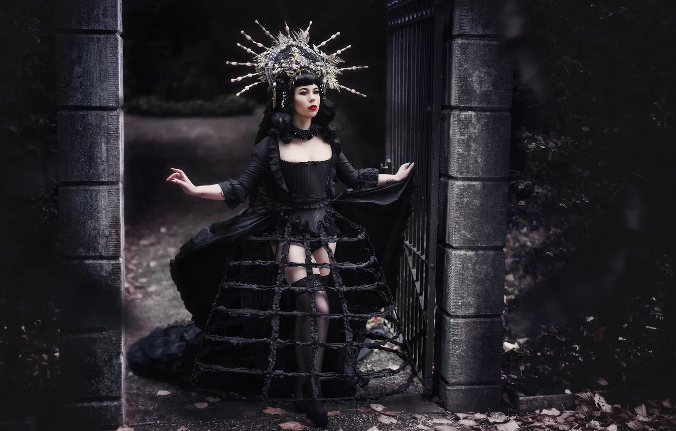 Photo wallpaper girl, style, the dark background, crown, makeup, brunette, black dress, Princess