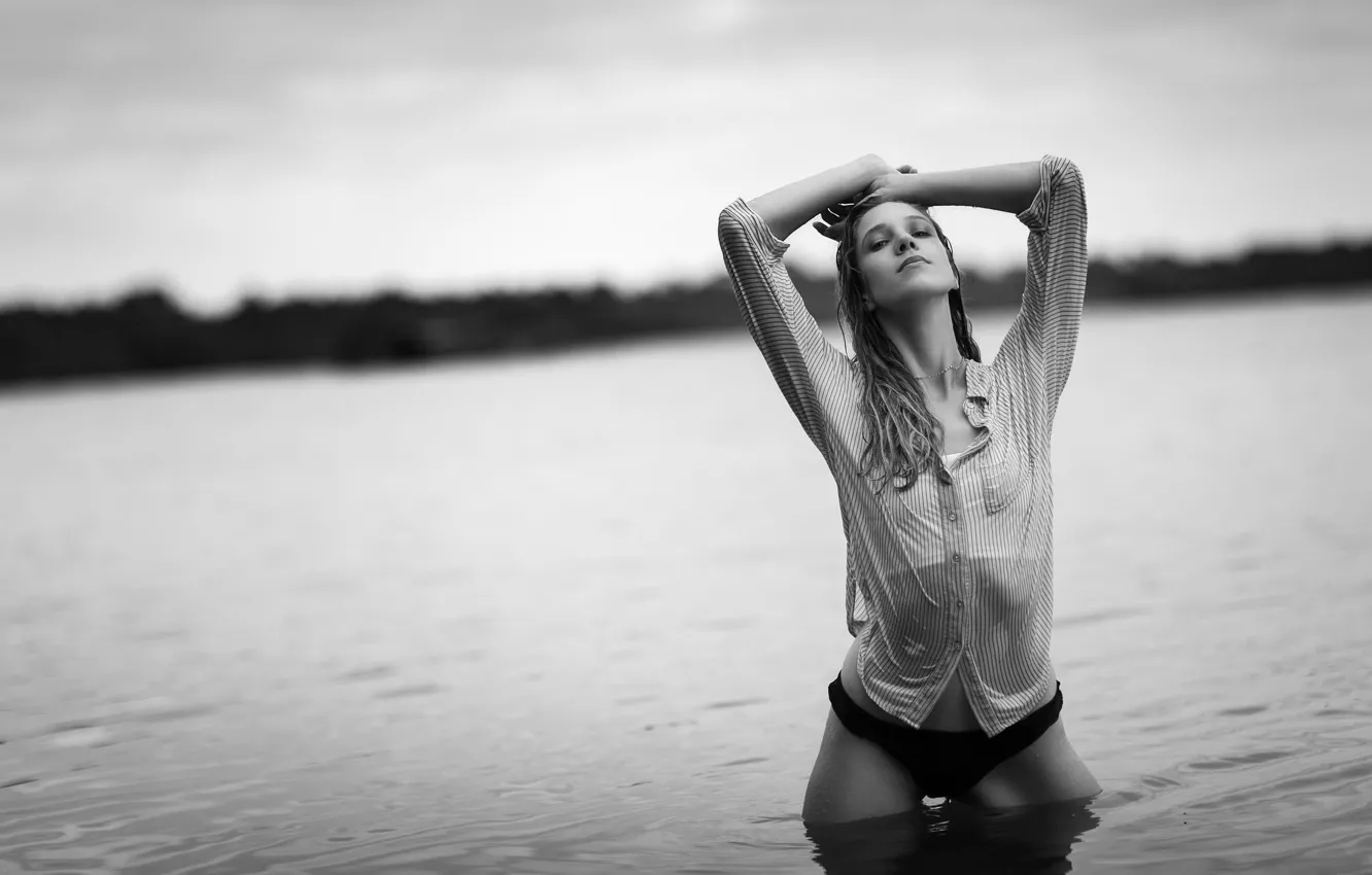 Photo wallpaper water, girl, lake, panties, figure, shirt