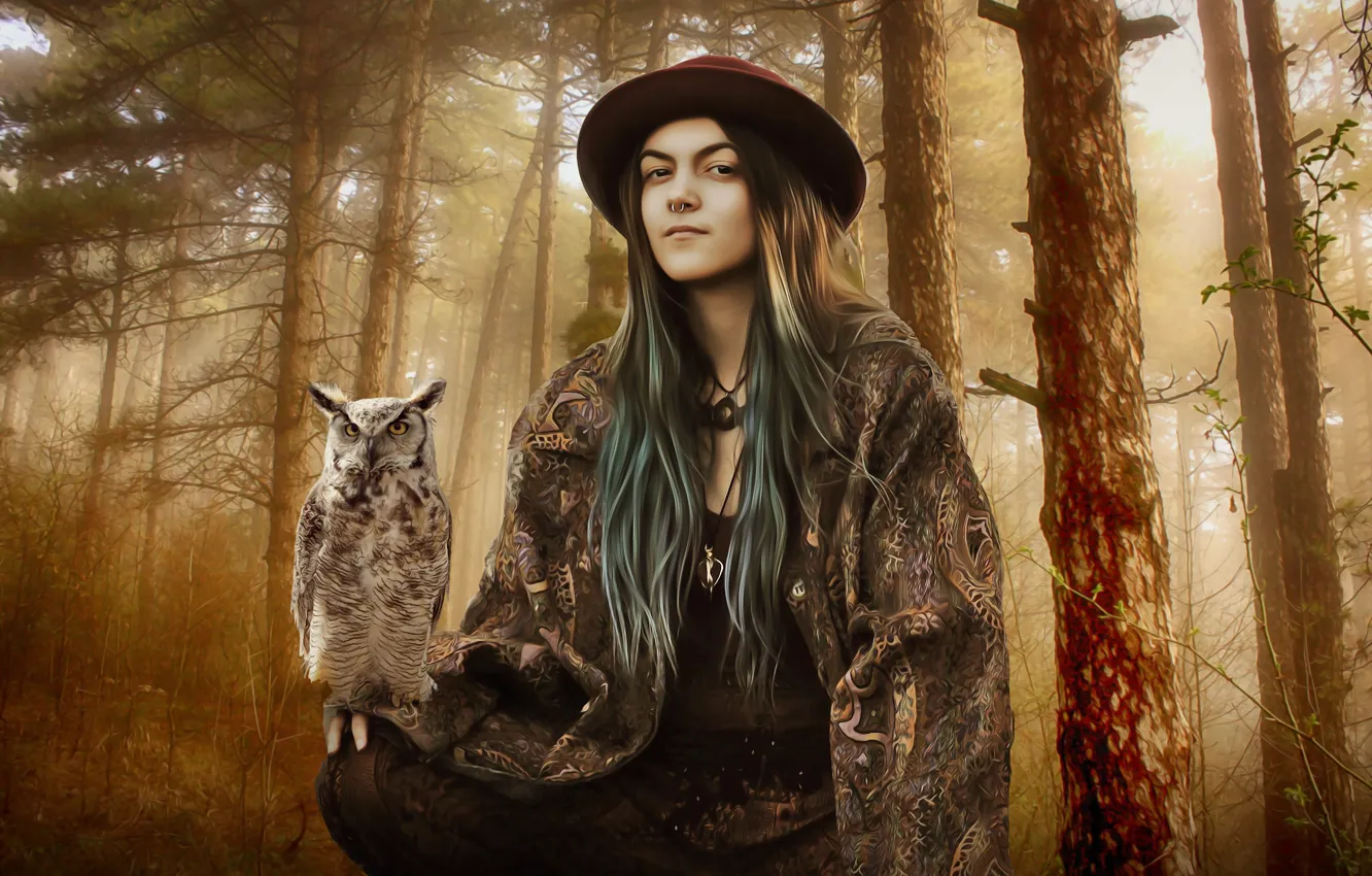 Photo wallpaper forest, girl, style, owl, bird, treatment, fantasy, art