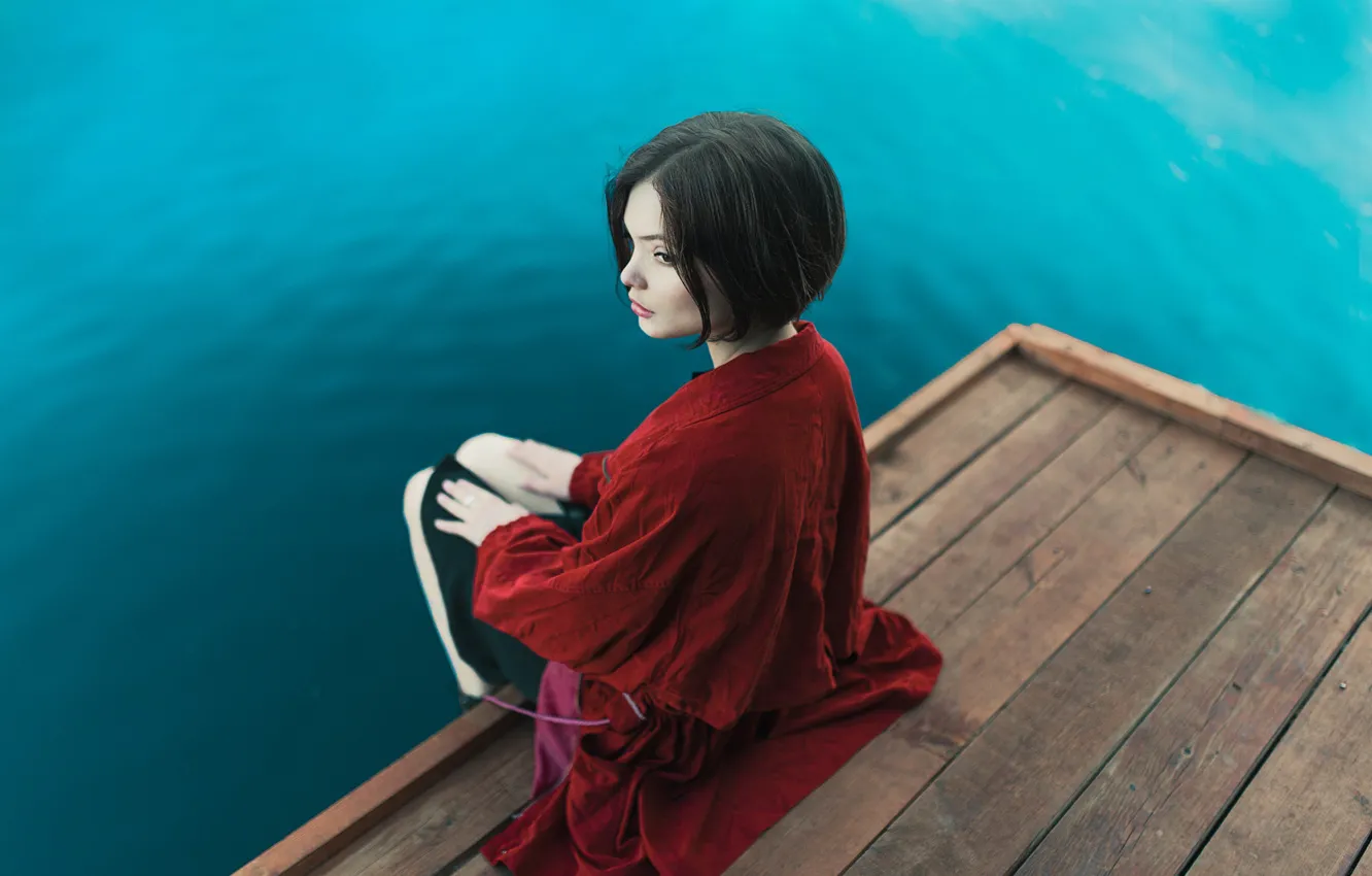 Photo wallpaper water, girl, pier, in red