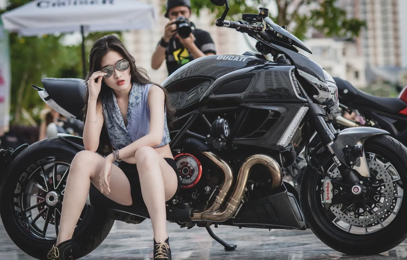 Photo wallpaper girl, legs, Ducati, posing, sitting, black sunglasses, Ducati