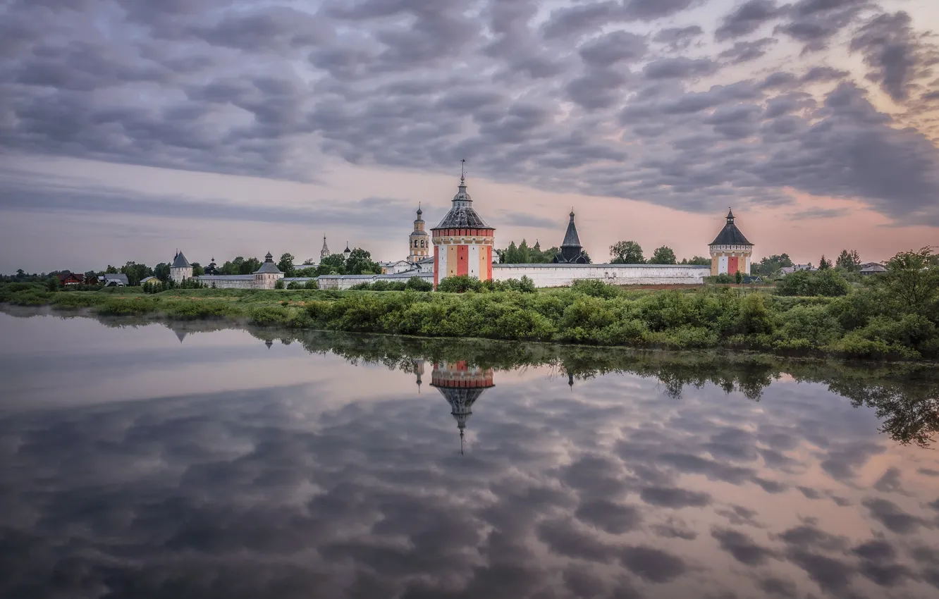 Photo wallpaper clouds, landscape, nature, reflection, river, Vologda, Elena Guseva, Spaso-Prilutsky Monastery