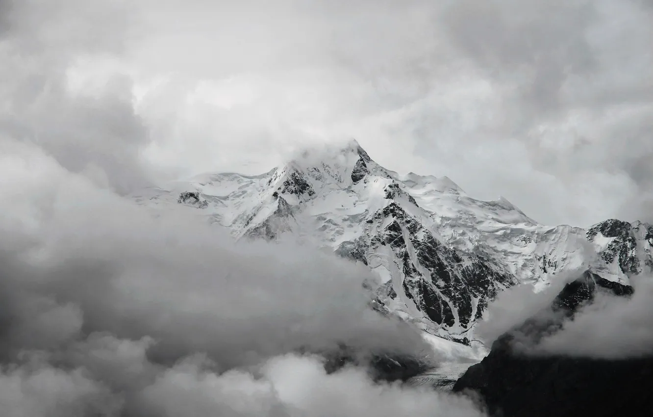 Photo wallpaper white, clouds, snow, mountains, tops, black