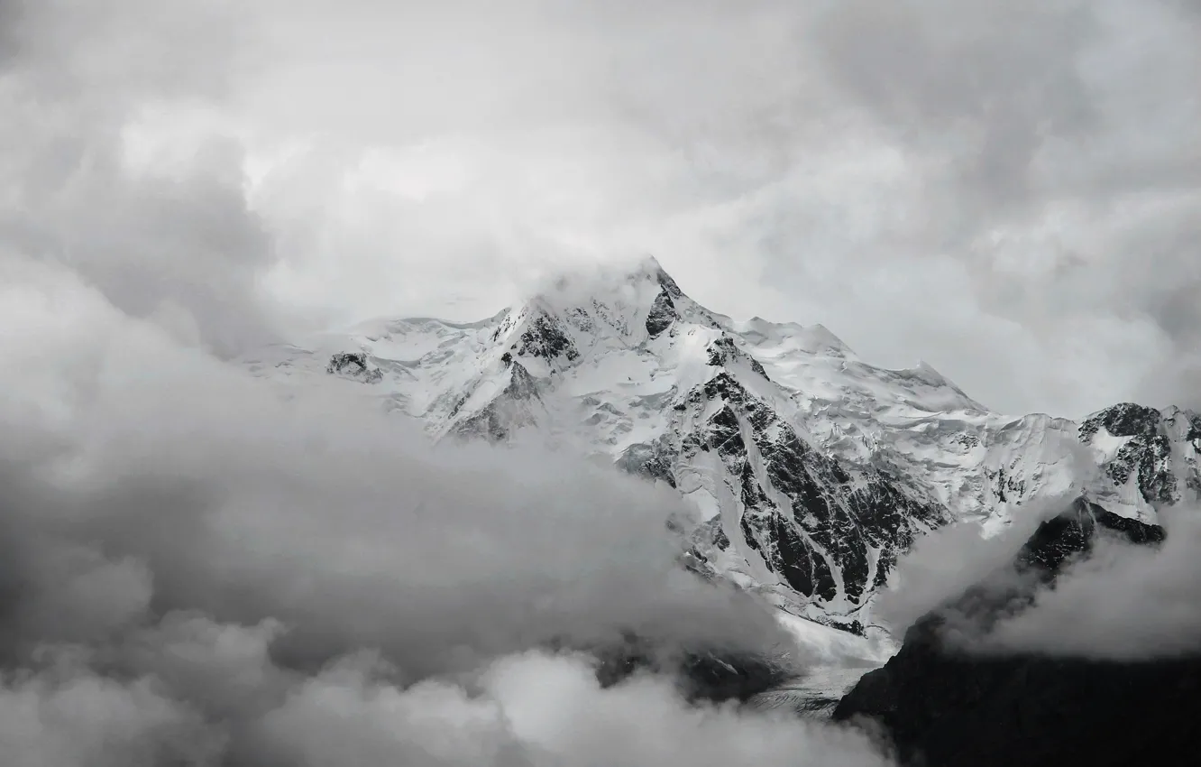 Photo wallpaper clouds, snow, white, Mountain, top, black