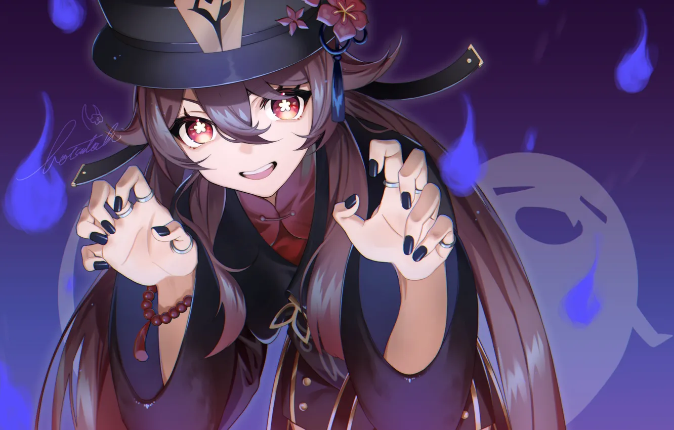 Photo wallpaper girl, Ghost, blue lights, Genshin Impact, Hu Tao