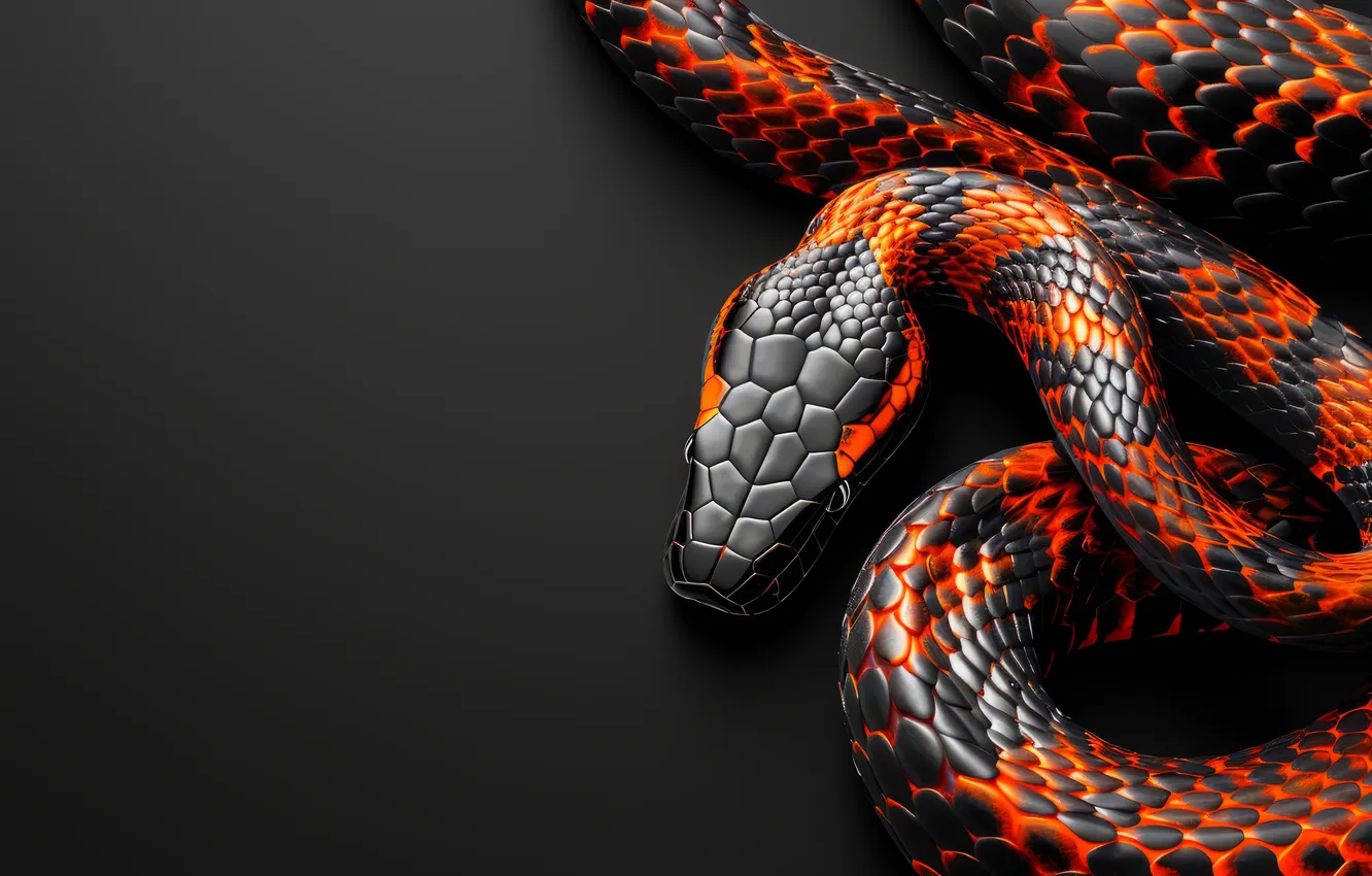 Photo wallpaper the dark background, snake, scales, Python, spotted, symbol of the year, red with black, AI …