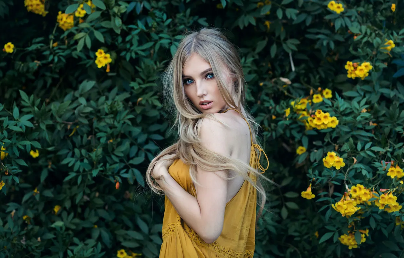 Photo wallpaper greens, look, girl, flowers, pose, portrait, makeup, garden