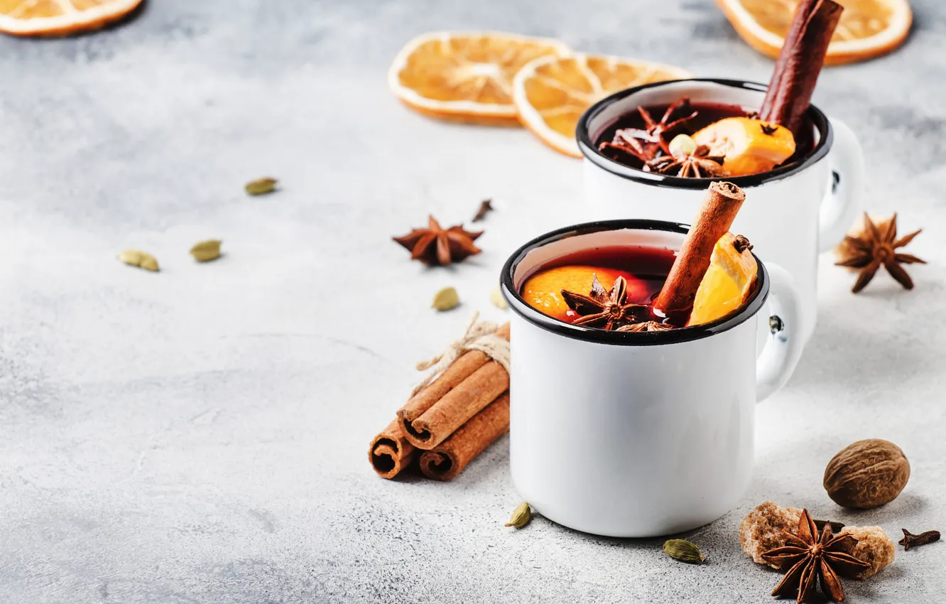 Photo wallpaper table, new year, hot, orange, Christmas, mug, citrus, drink