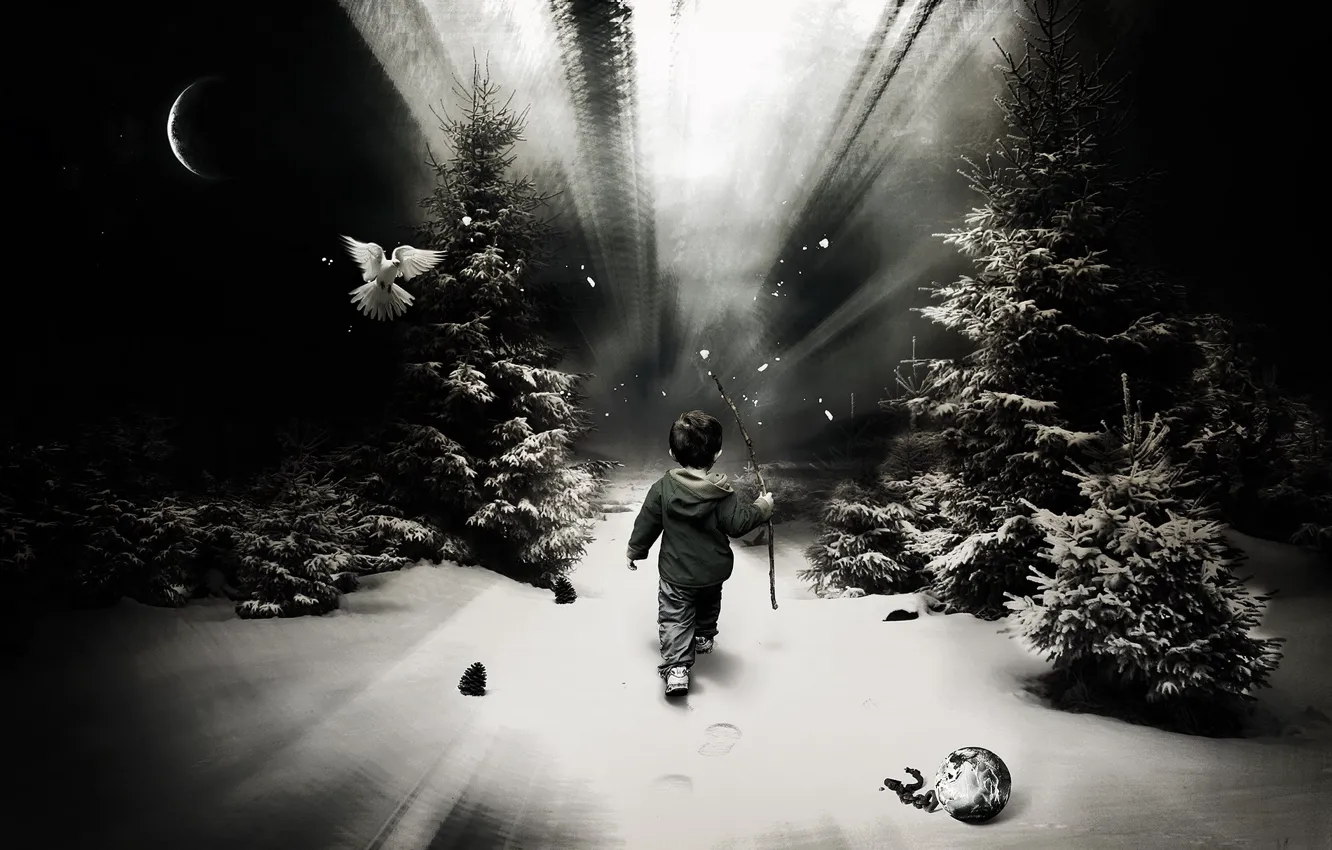 Photo wallpaper forest, snow, traces, children, one, boy