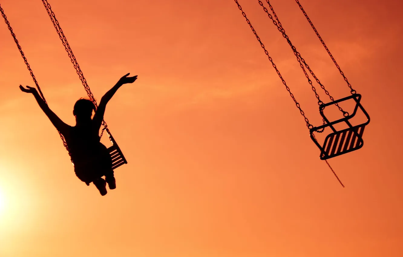 Photo wallpaper the sky, girl, joy, happiness, sunset, background, swing, widescreen