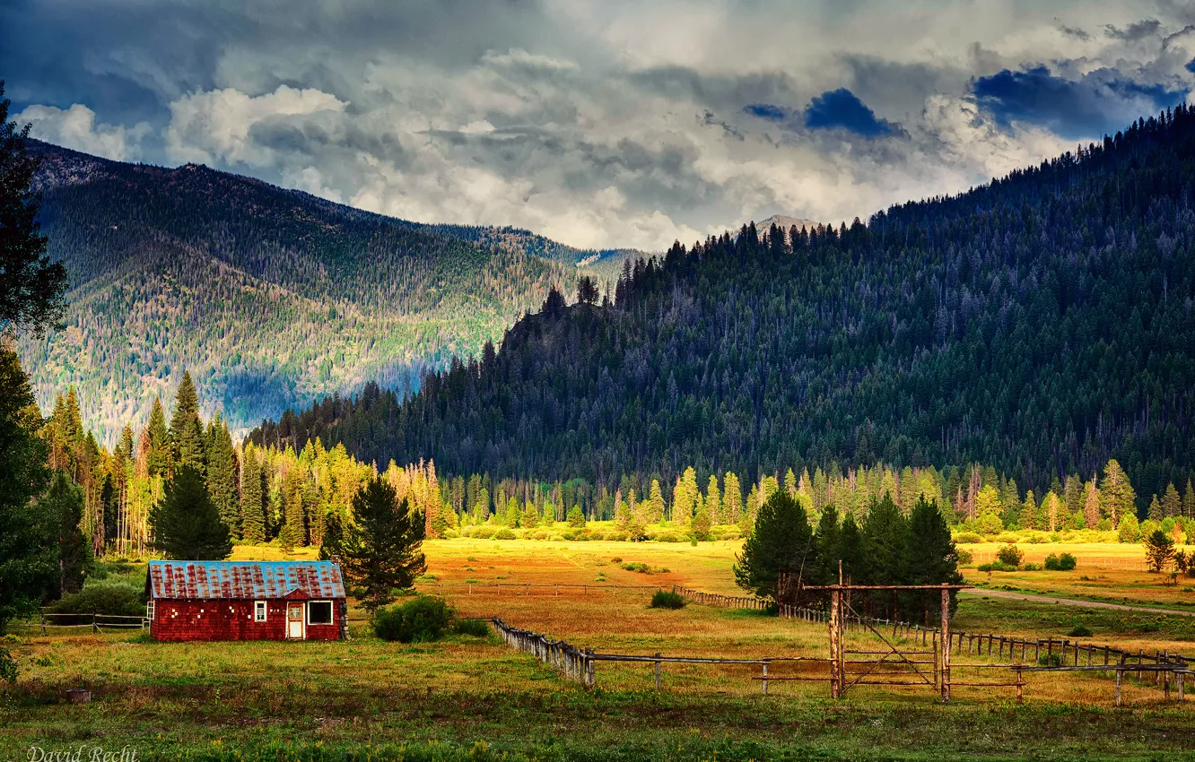 Photo wallpaper field, forest, the sky, clouds, light, mountains, house, ate