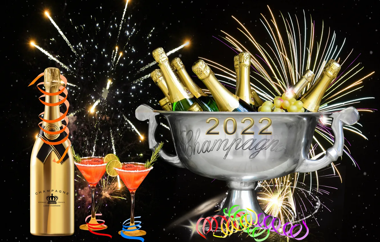 Photo wallpaper watch, bottle, new year, salute, fireworks, champagne, black background, Bakaly