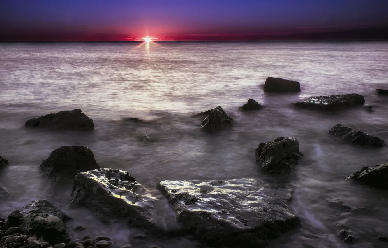 Photo wallpaper the sky, the sun, sunrise, stones, dawn, shore, The ocean, morning