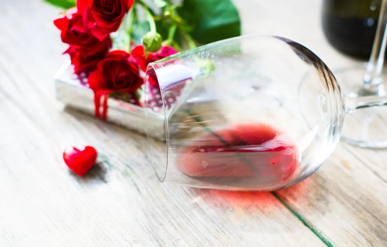 Photo wallpaper flowers, holiday, wine, Board, glass, roses, prezent