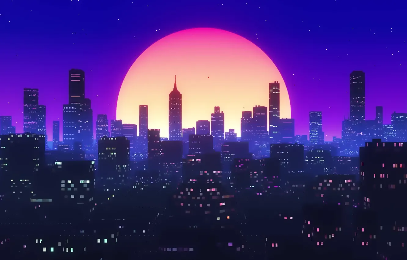 Photo wallpaper The sun, Night, Music, The city, Background, 80s, 80's, Synth