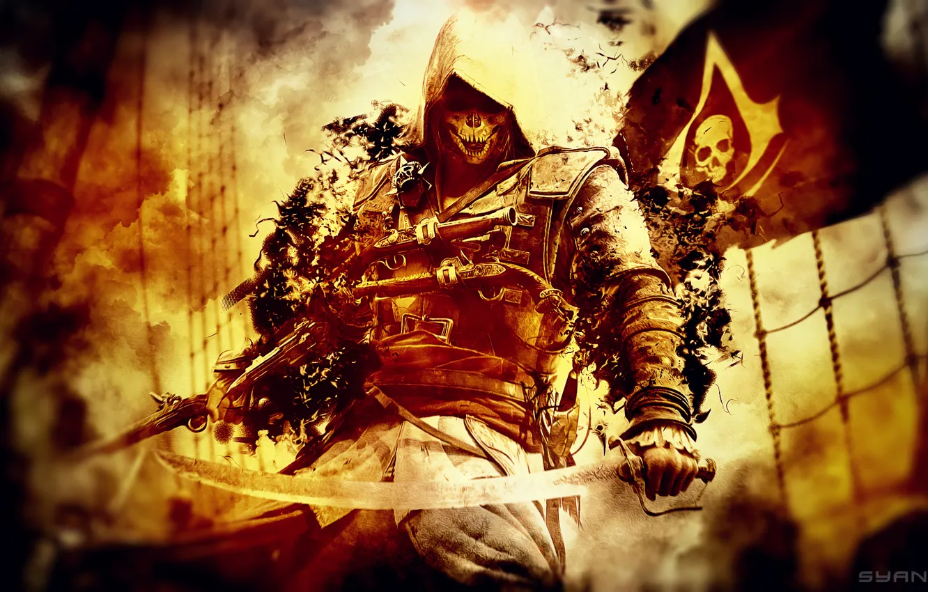 Photo wallpaper sword, pistol, Ubisoft, flag, weapons, video game, Assassin's Creed 4, Assassin's Creed IV: Black Flag