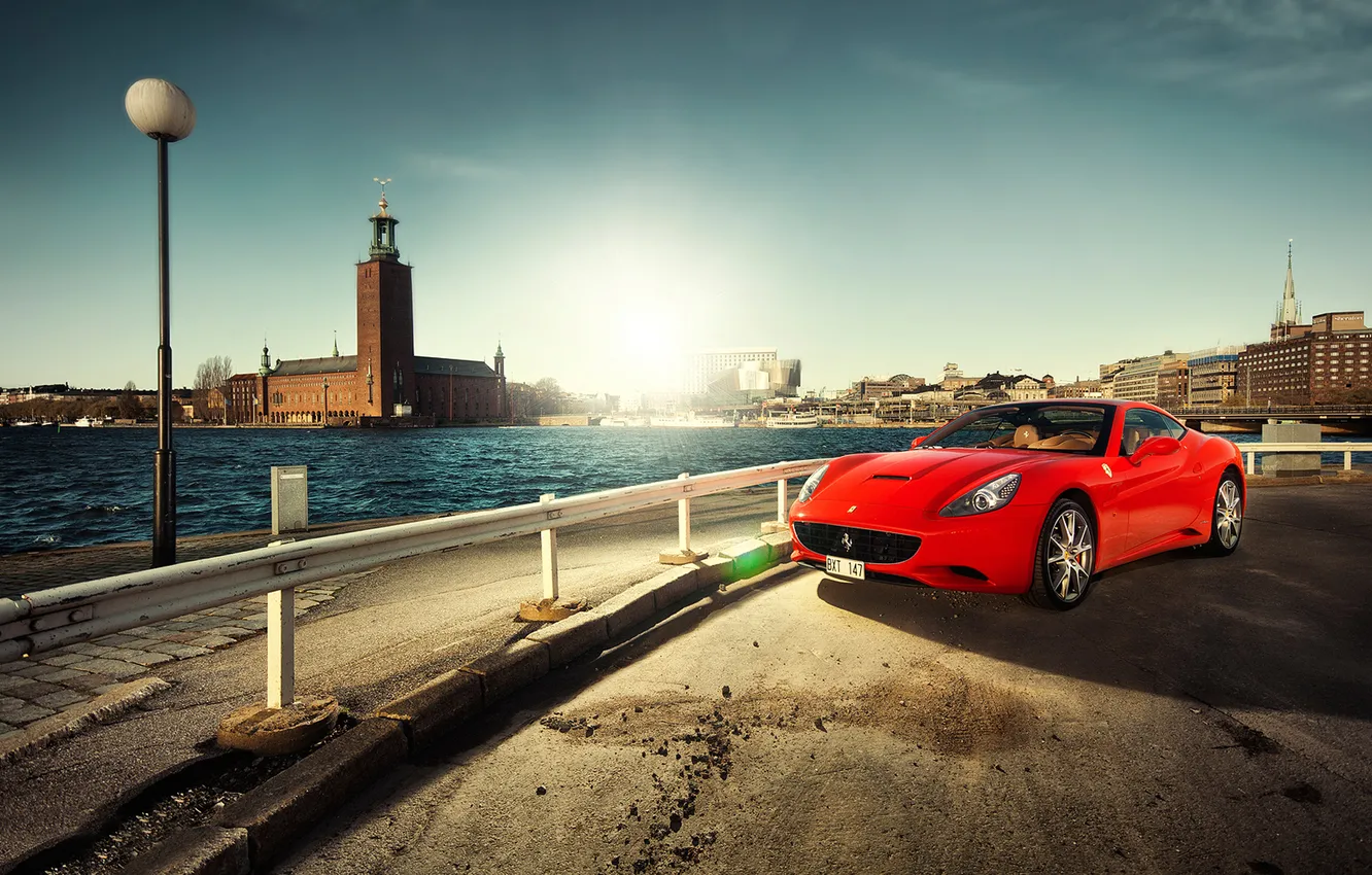 Photo wallpaper the city, river, Ferrari, Ferrari California