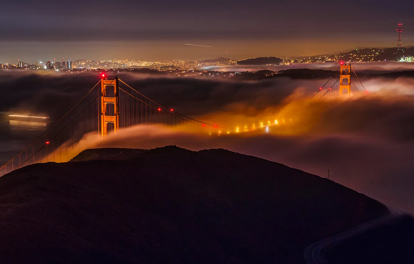 Photo wallpaper sea, the sky, night, bridge, the city, lights