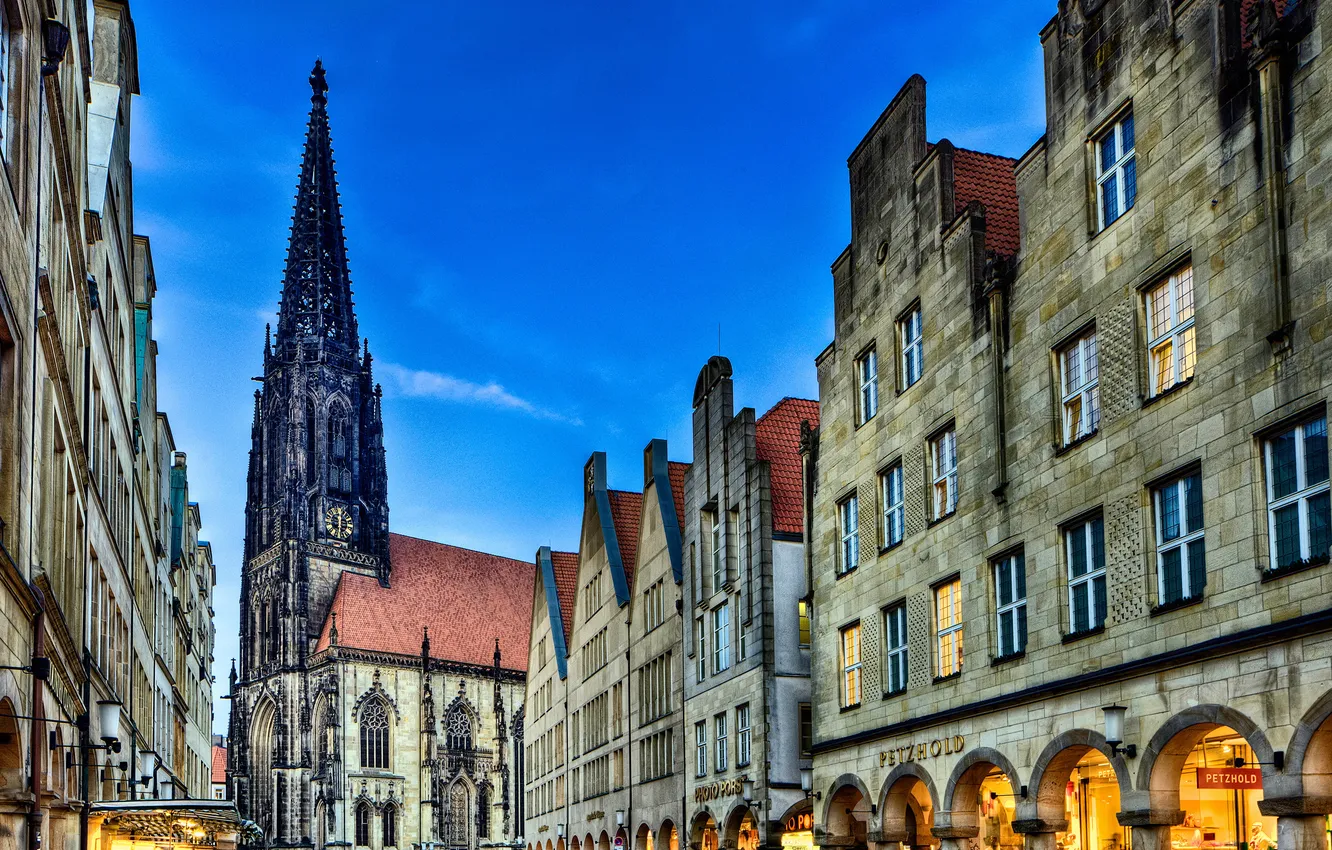 Photo wallpaper the sky, lights, street, HDR, home, the evening, pavers, Church