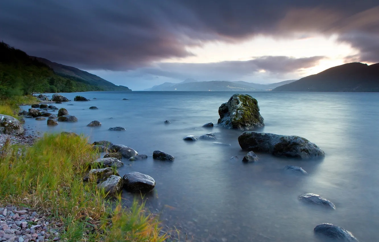 Photo wallpaper landscape, mountains, night, lake