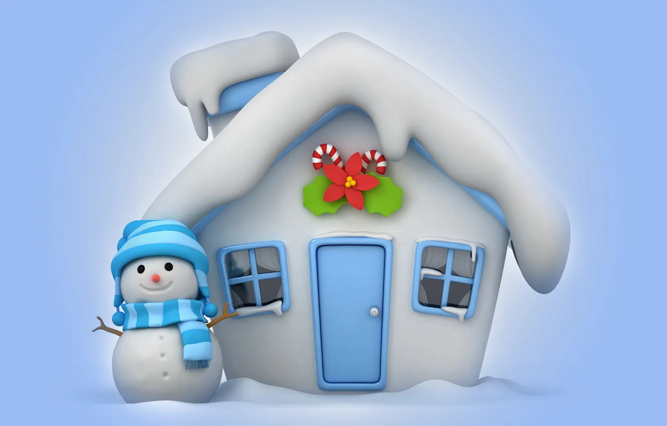 Photo wallpaper winter, snow, snowman, house, christmas, new year, winter, snow
