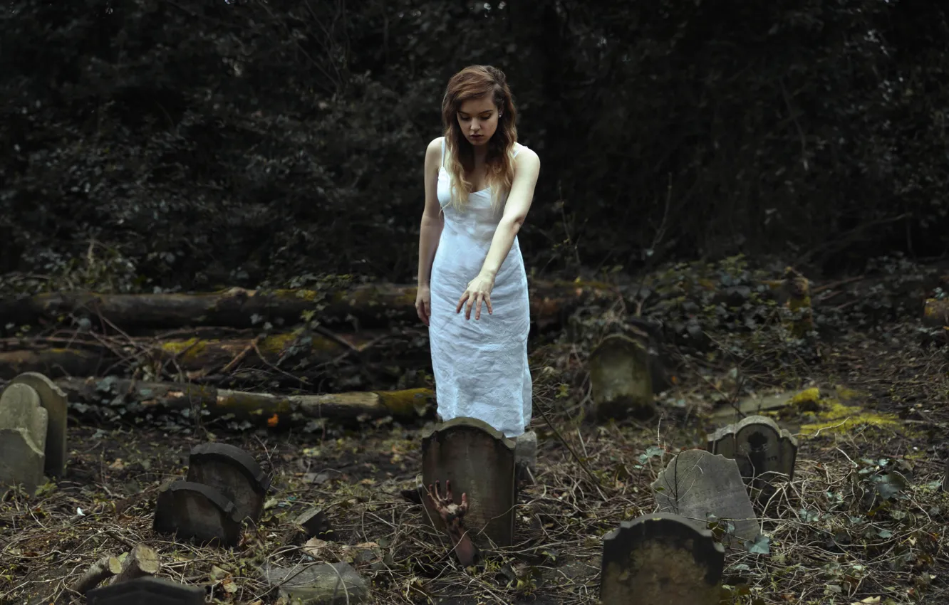 Photo wallpaper girl, graves, hands, cemetery