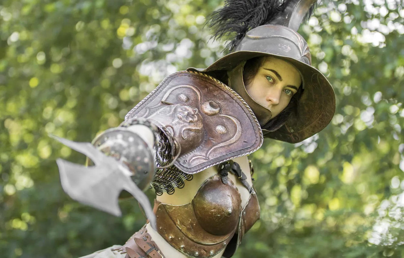 Photo wallpaper look, girl, face, sword, armor, helmet, cosplay, Gladiator