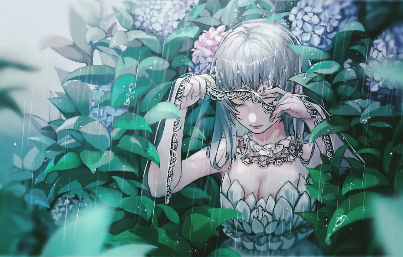 Photo wallpaper leaves, girl, nature, rain