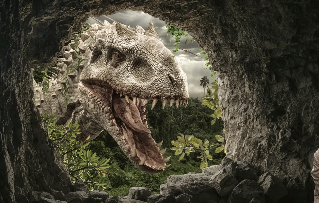 Photo wallpaper face, children, fantasy, dinosaur, teeth, grin, cave, Photomontage